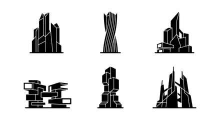 Obraz premium Modern Cityscape Silhouettes, Futuristic Buildings Collection, Urban Architecture Icons