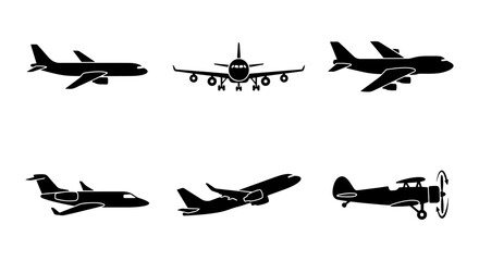 Airplane Icons Set: Commercial Jet, Private Jet, Biplane, Aviation Silhouettes © MdNurul