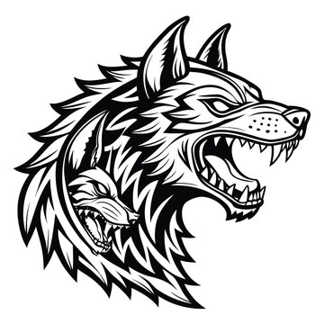 Vector illustration of two aggressive snarling wolf heads depicting strength and ferocity snarling wildlife