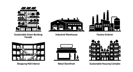 Obraz premium Modern Building Icons: Sustainable Facades, Factories, Retail Stores, Malls