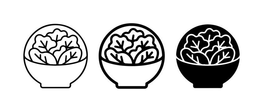 Salad Bowl Icons: Outline, Filled Outline, Solid Black