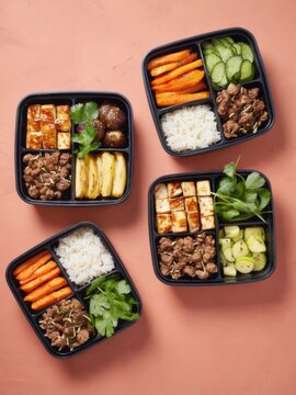 Healthy bento meal boxes flat lay