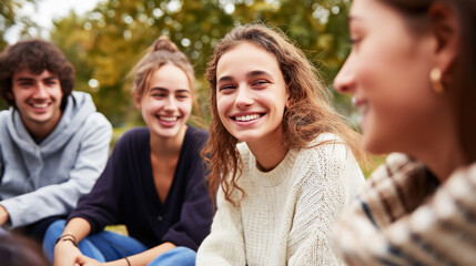 Naklejka premium Group of happy young friends laughing and chatting in a beautiful autumn park. Showing the essence of friendship, youthfulness, and unity