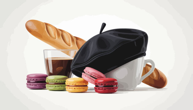 French breakfast still life with beret macarons and baguette