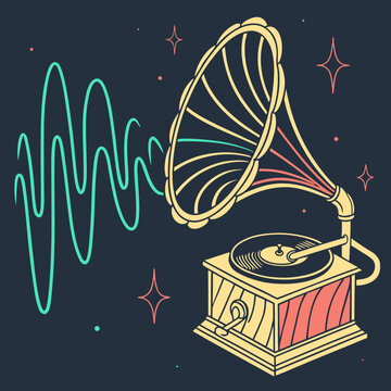 Antique gramophone playing music with visual sound waves and stars record player old fashioned