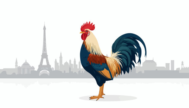 Rooster standing in front of paris city skyline silhouette