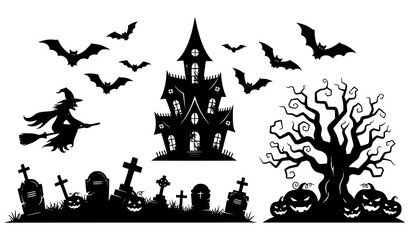 Halloween silhouette design elements vector set, haunted house, witch flying, bats, spooky graveyard and pumpkins illustration © MdSabbir