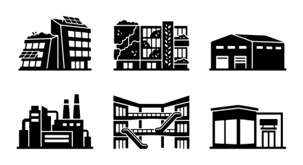 Naklejka premium Building Icons: Modern Architecture, Industrial Factory, Urban Structures