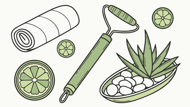 Vector illustration of spa wellness collection with jade roller aloe vera plant lime and rolled towel