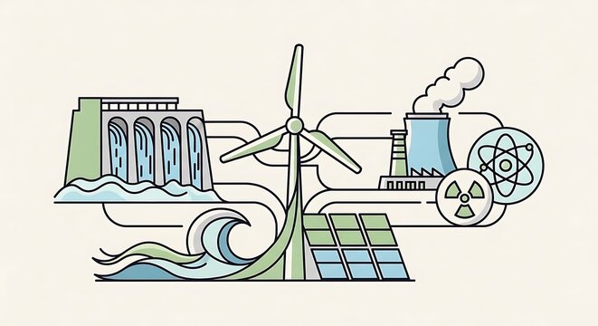 Renewable energy sources and power generation with wind turbine and solar panel illustration