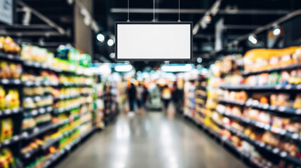 Obraz premium Blank advertising sign hanging in a modern supermarket aisle, guiding shoppers among blurred retail product displays