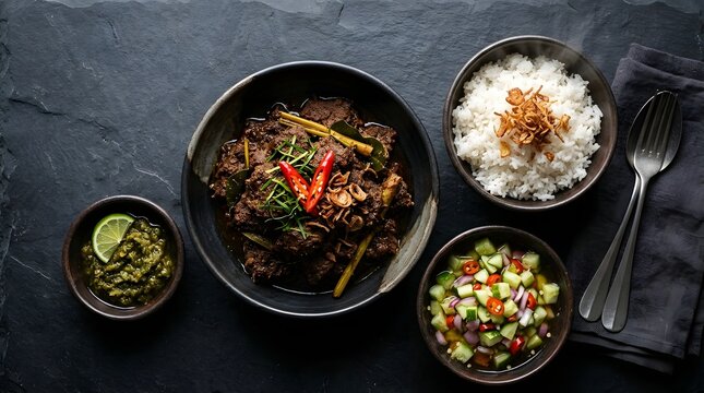 Eidul adha feast indonesian rendang with rice sambal and salad