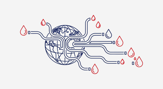 Global Network of Pipes and Leaking Water Drops, Digital Technology Connection