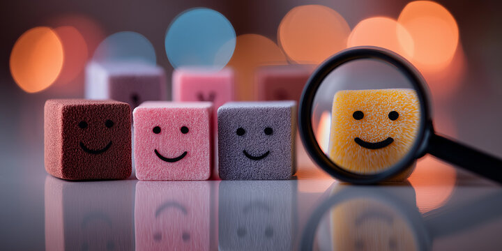 Colorful Smiley Face Foam Blocks Viewed Through a Magnifying Glass with Bokeh Lights