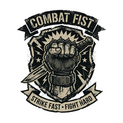 Fototapeta premium Combat Fist Emblem with Knife, Strike Fast Fight Hard