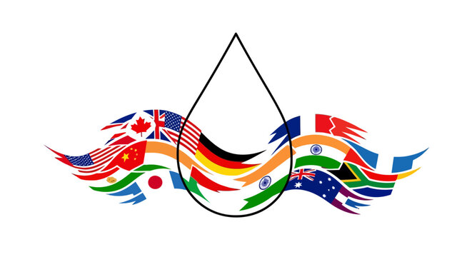 Global Water Cooperation: World Flags Flowing Around Water Drop Symbol