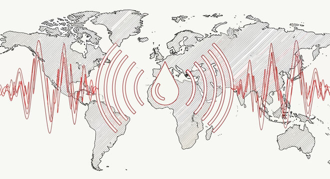 Global Earthquake Seismic Waves and Tsunami Warning Symbol on World Map