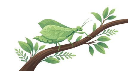 A striking illustration of a leaf mantis perfectly camouflaged on a tree branch, showcasing nature's artistry © Satya