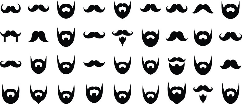 Mustache and beard silhouette collection set, hipster facial hair styles bundle for barber shop logo, grooming brand, vintage and movember design, Vector illustration