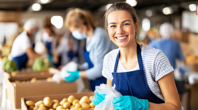 Smiling woman volunteer wearing apron and gloves packing food donations at community food bank, helping people