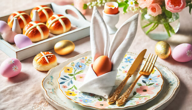 Elegant Easter Brunch with Bunny Napkin and Floral Plate