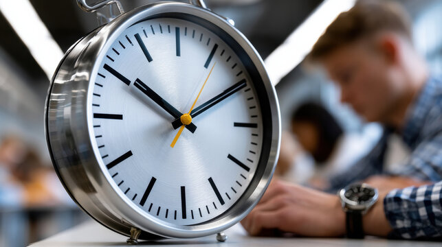 Large metal alarm clock on classroom desk, exam time pressure concept with blurred student in background focused on test and urgent education deadline atmosphere
