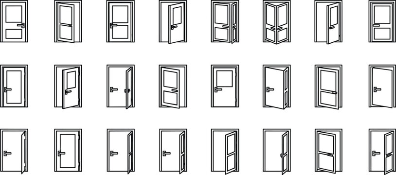 Open and closed door icons set, interior wooden door variations collection, black outline entrance symbols, different opening positions, architectural vector