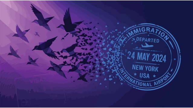 Global Migration Concept: Birds Flying Towards Immigration Stamp Symbolizing Travel & New Beginnings