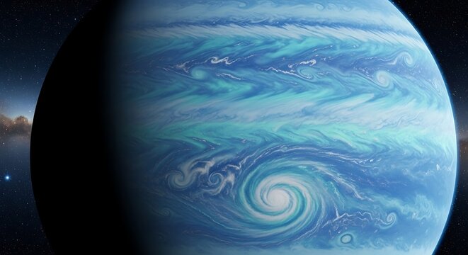 Jupiter planet with swirling storm clouds.