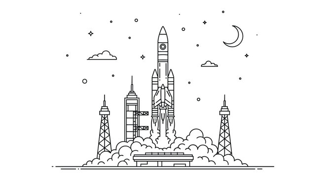 Detailed line art illustration of a space rocket launch station with towers and clouds under a crescent moon in the sky.