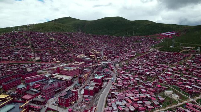 Aerial View of Larung Gar Buddhist Academy in Sichuan Mountain Valley in Larung Gar Buddhist Academy, Sichuan, China