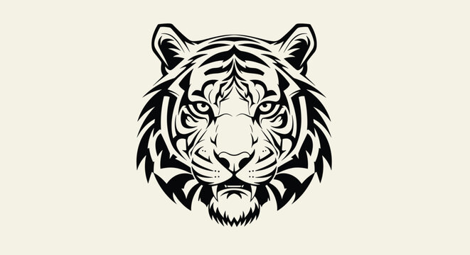 Powerful tiger face mask illustration in black and white featuring bold lines and intricate details for a fierce appearance.