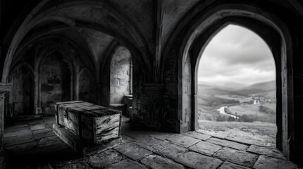 Obraz premium Dramatic view through gothic arches, historic architecture doorway