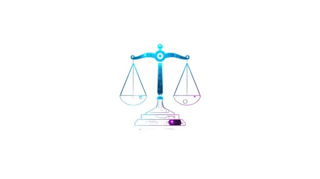 futuristic digital justice scale icon with glowing balance and binary code