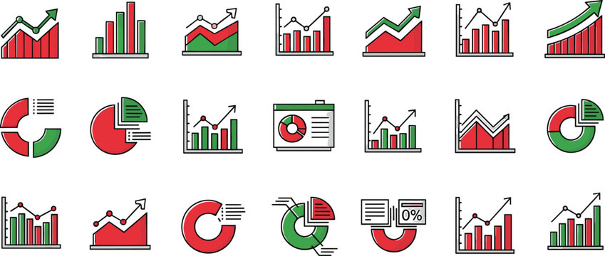 Red and green business analytics icon set, financial charts, bar graphs, pie charts and growth arrows for corporate dashboard and marketing performance report, Vector illustration.