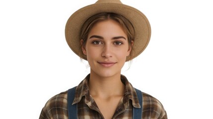 Fototapeta premium young female farmer in straw hat and plaid shirt portrait on neutral background