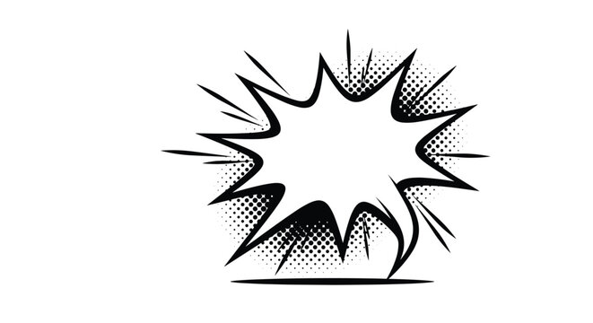 Black and white comic book style explosion or speech bubble with jagged edges and halftone shading for dynamic designs.