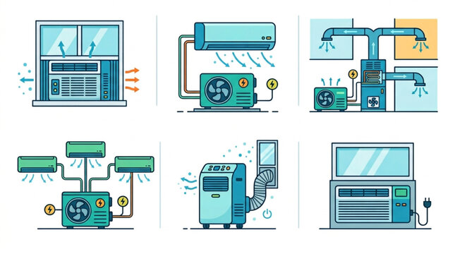 Flat lay illustration showcasing various types of air conditioning units and ventilation systems, presented in a clean, modern style with a cool blue and white color palette against a light