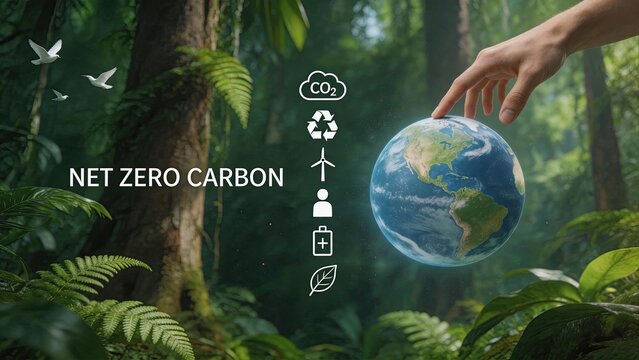 Net zero carbon concept, hand holding earth globe in green forest with CO2 recycling icons, sustainability and climate change action for environmental protection and ecological