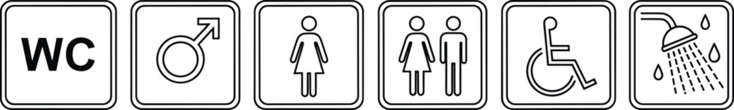 Restroom signs set, toilet WC icons, male female symbols, accessible bathroom signage, shower symbol, black and white vector illustration