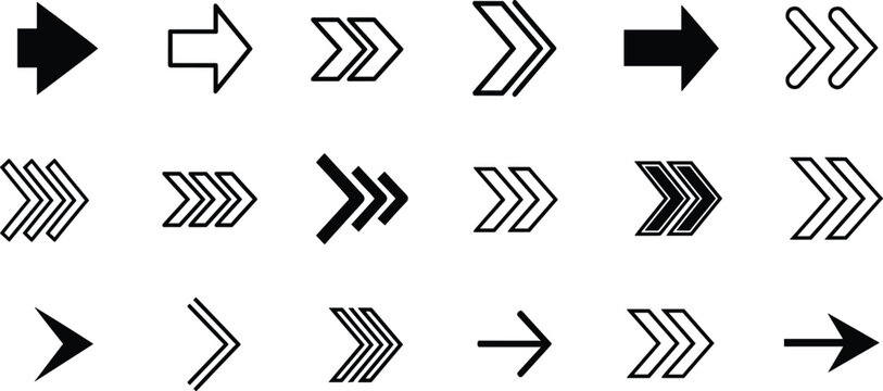 Right Arrow Vector Icon Set, Modern Solid and Outline Directional Navigation Collection for Web UI, Mobile App Interfaces, and Digital Design Projects