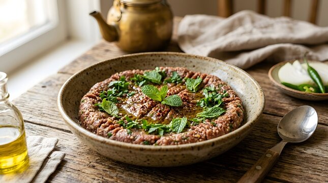Eidul adha feast traditional kibbeh nayyeh with mint and olive oil