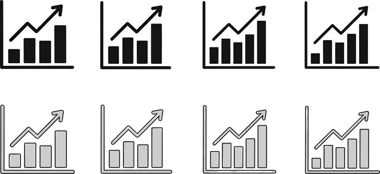 Rising bar chart icons collection, business growth graphs with upward arrows and financial analytics symbols, modern market performance indicators set, Vector illustration