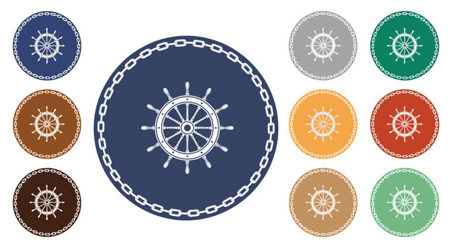 Set of nautical ship wheel icons in various colors like blue, green, and orange for marine and sailing themed graphics.