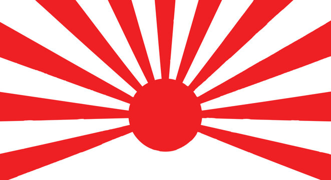 Rising sun flag vector illustration, red sun with radiating rays symbol, vintage Japanese style background design element.