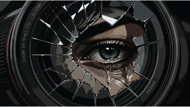 Surveillance Eye Through Broken Camera Lens, Privacy Invasion Concept