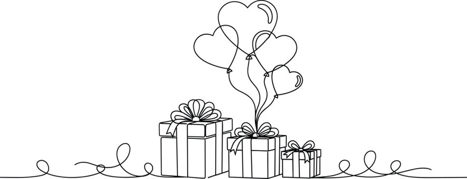 Romantic gift boxes with heart balloons, hand drawn Valentine celebration decoration, birthday surprise present concept, elegant outline design, vector illustration