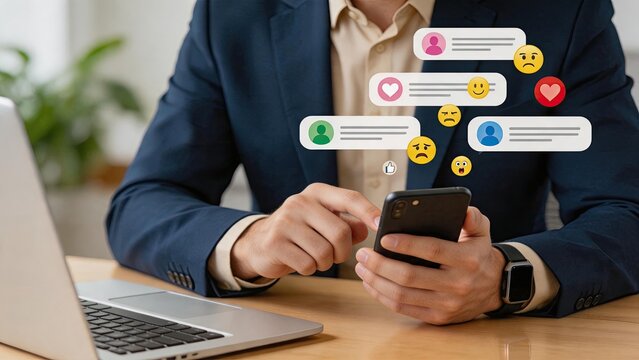 Man in suit using smartphone with floating social media chat bubbles and emoji reactions, customer feedback and online review concept, digital communication and mobile marketing