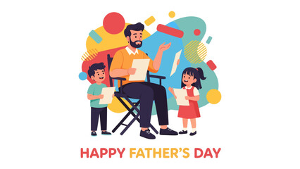 Naklejka premium Father's Day Celebration: A heartwarming illustration depicts a father sitting on a director's chair, surrounded by his two children, sharing papers and joy.