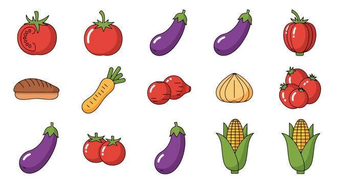 Vibrant collection of fresh vegetables including tomatoes, eggplants, carrots, and corn.
